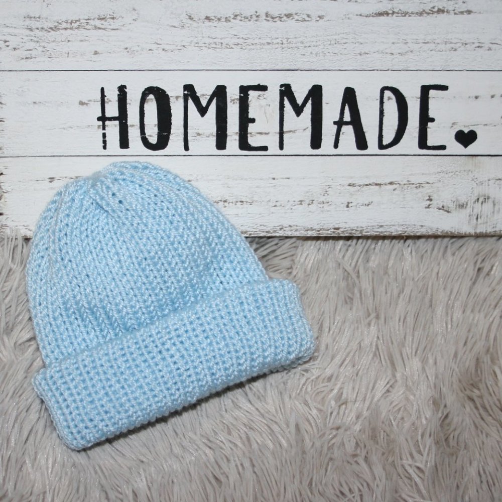 💙 BABY BLUE DOUBLE-KNIT BEANIE · 3–6 MO 💙